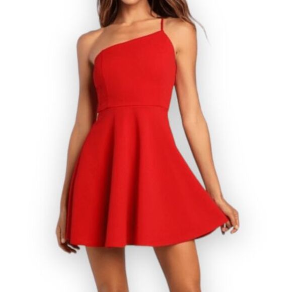 Lulus Women's Red Too Cute To Care One Shoulder Skater Mini Dress Size Small NWT - Picture 1 of 16